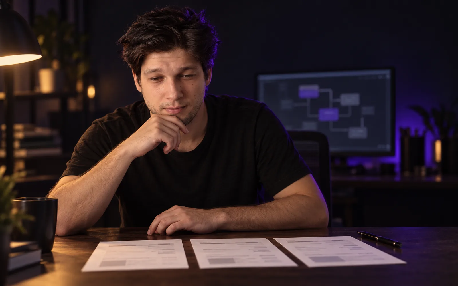 Andrzej Smrokowski at a desk comparing three project quotes laid out side by side