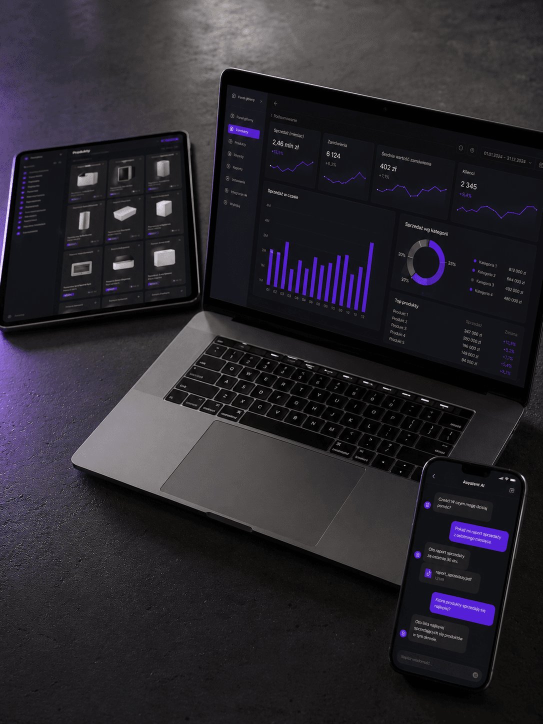 Hurtownia B2B AGD — multi-device showcase: tablet sales app, B2B portal, chatbot