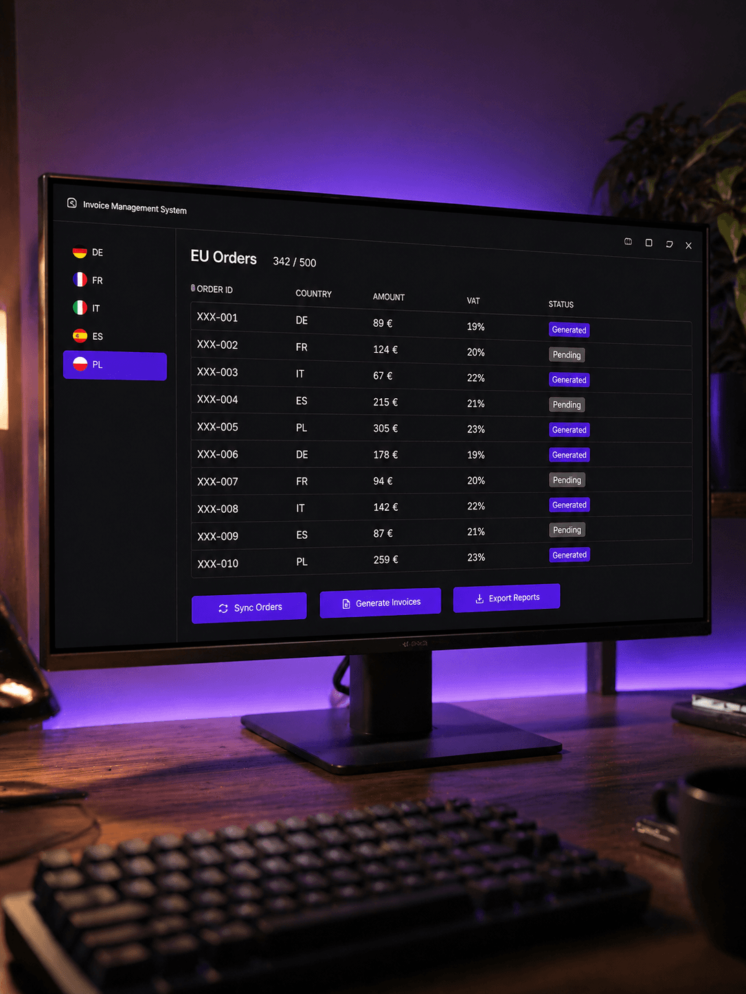 Amazon EU SP-API integrator — desktop dashboard with EU country flags